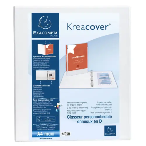 Classeur PP personnalisable Kreacover - 4 anneaux en D 15mm - A4 maxi - Blanc - EXACOMPTA photo du produit
