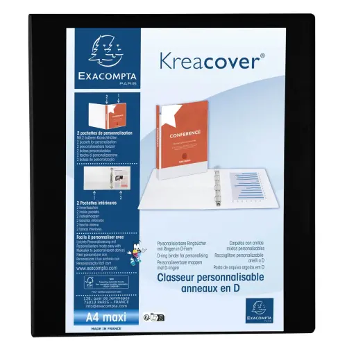 Classeur PP personnalisable Kreacover - 4 anneaux en D 40mm - A4 maxi - Noir - EXACOMPTA photo du produit