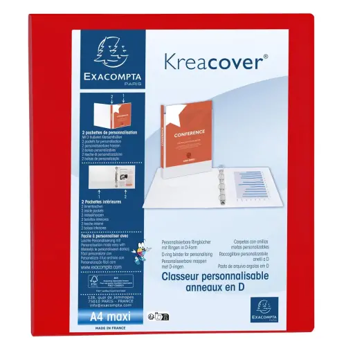 Classeur PP personnalisable Kreacover - 4 anneaux en D 40mm - A4 maxi - Rouge - EXACOMPTA photo du produit
