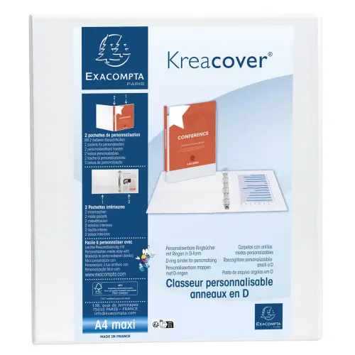 Classeur PP personnalisable Kreacover - 4 anneaux en D 50mm - A4 maxi - Blanc - EXACOMPTA photo du produit