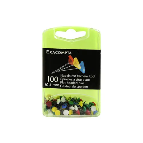 Boîte de 100 épingles à tête plate unie - Hauteur de pointe 8mm - 5mm de diamètre - Couleurs assorties - EXACOMPTA photo du produit