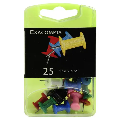 Boîte de 25 épingles Push Pins - Hauteur de pointe 7mm - 10mm de diamètre - Couleurs assorties - EXACOMPTA photo du produit