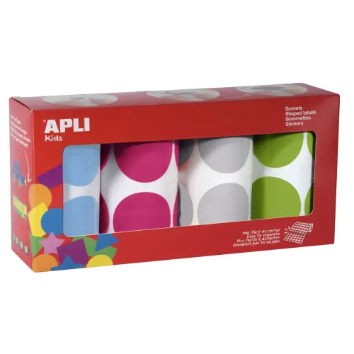 Gommettes rondes bleu, fuschia, gris, vert &Oslash; 45 mm 4 rouleaux photo du produit