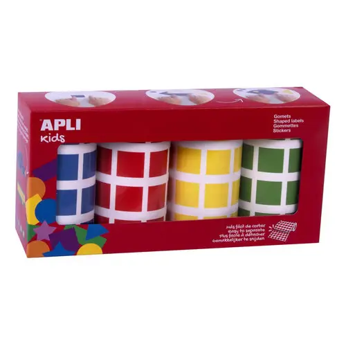 Gommettes carrés 20 mm bleu, rouge, vert, jaune 4 rouleaux photo du produit