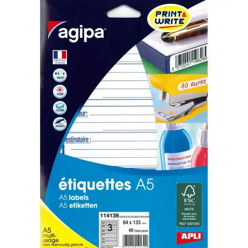 Etiquettes exp&eacute;diteur/destinataire blanches impression bleue multi usage 64x133 mm 16 feuilles photo du produit