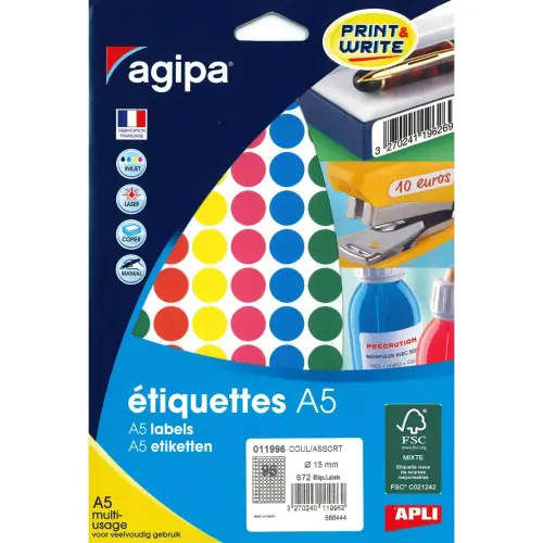 Pastilles couleurs assorties multi usage Ø 15 mm 7 feuilles photo du produit