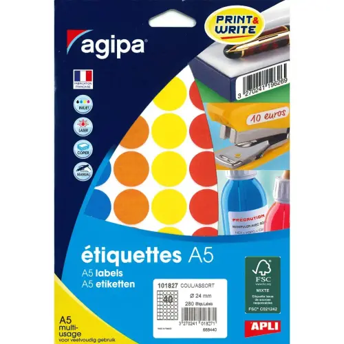 Pastilles couleurs assorties multi usage Ø 24 mm 7 feuilles photo du produit