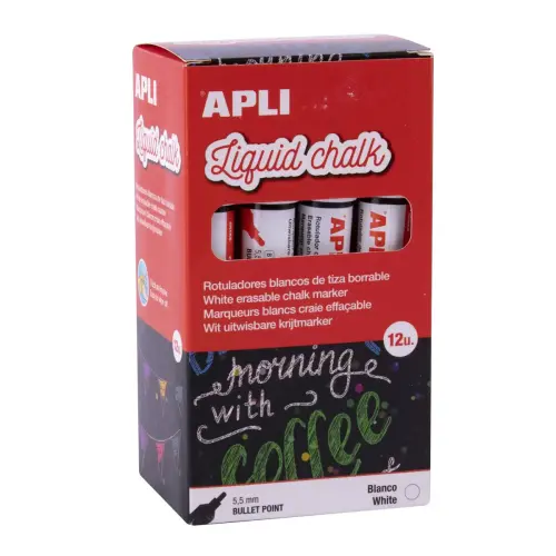 Boîte de 12 marqueurs craie liquide effaçables pointe ronde 5,5 mm - Blanc - Apli photo du produit