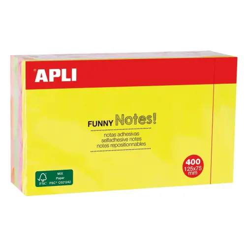Notes adhésives Funny 4 couleurs fluo - 125 x 75 mm - bloc de 400 feuilles - Apli photo du produit