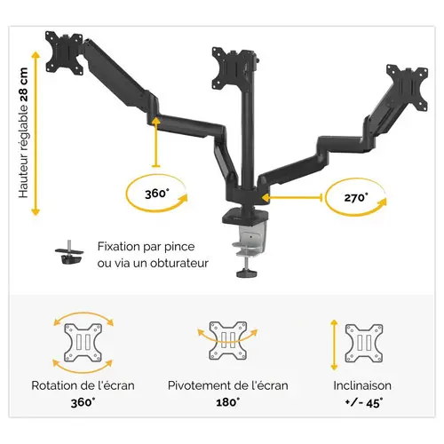 Bras porte-&eacute;crans triple Platinum - Noir - FELLOWES photo du produit