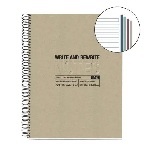 Notebook Eco Design Recyclé A4 Ligné 7 mm 120 feuilles 4 couleurs Kraft - Miquel Rius photo du produit