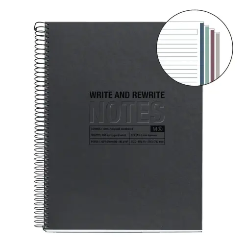 Notebook Eco Design Recycl&eacute; A4 Lign&eacute; 7mm 120feuil. 4coul. Noir photo du produit