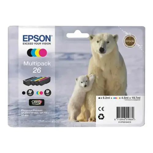 Pack de 4 cartouches d'encre C13T26164010 Ours polaire - Noir / Cyan / Magenta / Jaune - sous blister - Epson photo du produit