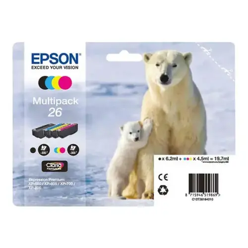 Pack de 4 cartouches d'encre C13T26164010 Ours polaire - Noir / Cyan / Magenta / Jaune - sous blister - Epson photo du produit