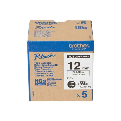 Brother HGE231V5 Rubans BK/Blanc 12mm x5 photo du produit