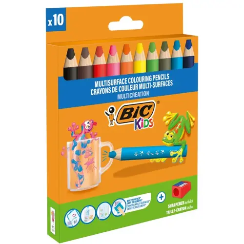 Pack de 10 + 1 crayons de couleurs Kids multi - surfaces - Coloris assortis - Bic photo du produit