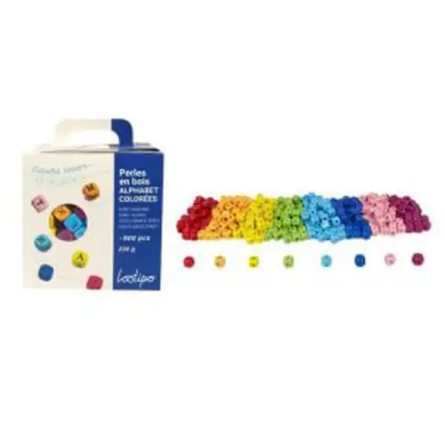 Perles en bois - alphabet - 1 x 1 cm - 500 pcs - 8 coloris - Sodertex loolipo photo du produit