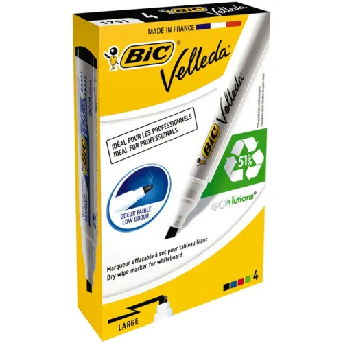 Marqueur velleda 1751 effa&ccedil;able pointe biseaut&eacute;e bo&icirc;te 4u - Bic photo du produit