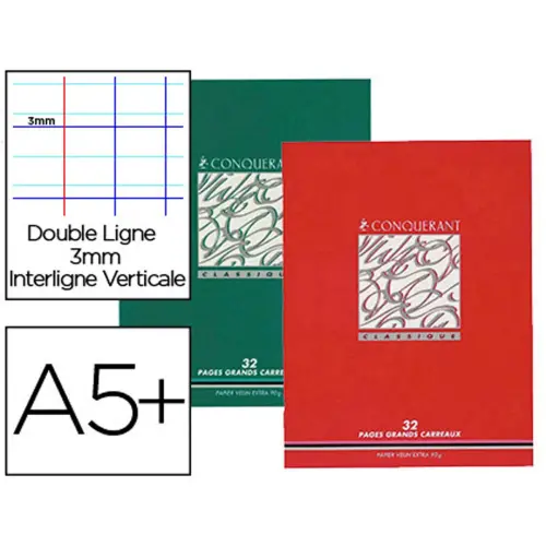 Cahier d'écriture piqûre 3 mm - A5+ 90g - 32 pages - Coloris aléatoire - Conquérant photo du produit