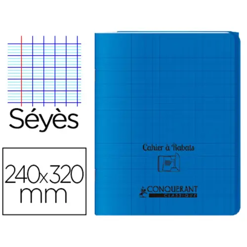 Cahier à rabats piqûre Seyès – A4+ 90 g - 96 pages - Bleu - Conquérant photo du produit