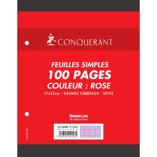 Feuilles simple 7 perforees 170x220mm rose paquet 100 unit&eacute;s - Conquerant photo du produit