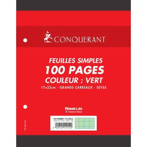 Feuillets mobile a5+ 170x220mm 100 pages 80g seyes vert - Conquerant photo du produit