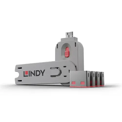 Bloqueur de port USB A 4 pièces + clé rose - Lindy photo du produit