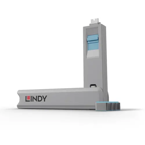 Bloqueur de port USB C 4 pièces + clé bleu - Lindy photo du produit