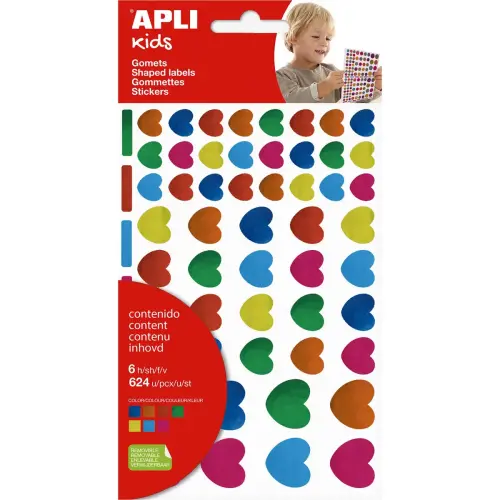 Sachet de gommettes c&oelig;urs m&eacute;tallis&eacute;es couleurs assorties 6 feuilles - Apli photo du produit