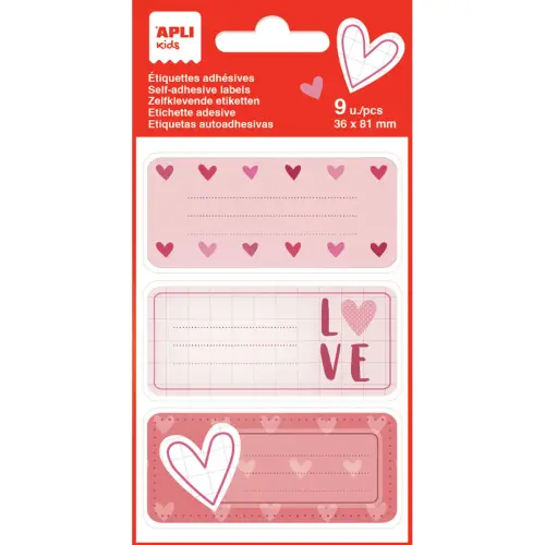 &Eacute;tiquettes scolaires c&oelig;urs - 3 motifs - 9 unit&eacute;s - Apli photo du produit