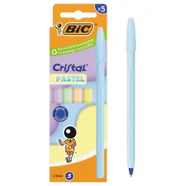 5 Stylos billes Cristal - Pointe moyenne 0,6mm - Coloris pastels - BIC photo du produit