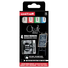 4 Marqueurs craie encre liquide  - Blanc, bleu, rouge, vert fluo - UNI-BALL photo du produit