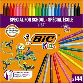 144 Feutres BIC VISA &agrave; encre lavable - Pointe fine - Coloris assortis - BIC photo du produit