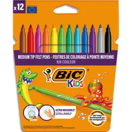 12 Feutres BIC KIDS &agrave; encre lavable - Pointe moyenne - Coloris assortis - BIC photo du produit