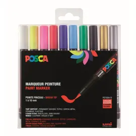 10 Marqueurs peinture inodores &agrave; base d'eau - Pointe pinceau - Coloris assortis - POSCA photo du produit