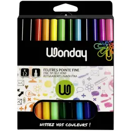 12 Feutres - Encre lavable - Pointe fine - Coloris assortis - Wonday photo du produit