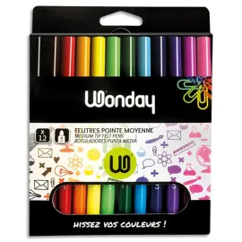 12 Feutres - Encre lavable - Pointe moyenne - Coloris assortis - Wonday photo du produit