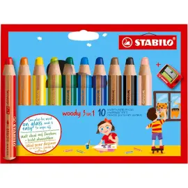 10 Crayons Woody gros module + 1 taille crayons - Multi-surfaces - Mine 10 mm -  Coloris assortis - Stabilo photo du produit