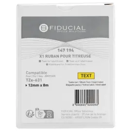 Ruban comp BROTHER TZE 631 12mm jaune impression noire photo du produit