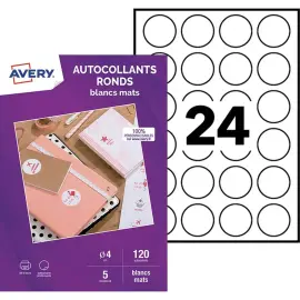 5 Planches d'&eacute;tiquettes ronds blanc mat &Oslash; 40mm A4 120 &eacute;tq photo du produit