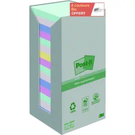 16 Blocs notes repositionnables recycl&eacute;es - 76x 76 mm - Couleurs assorties - Post-It photo du produit