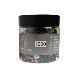Boîte de 1 000 punaises couleur en laiton - Hauteur de pointe 9mm - 9mm de diamètre - Couleurs assorties - EXACOMPTA photo du produit