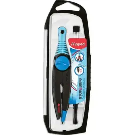 MAPED Stop & Safe - Coffret compas &agrave; mine 3 pi&egrave;ces - Coloris assortis Bleu, Orange ou Rose photo du produit