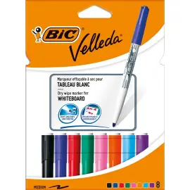 BIC Velleda 1741 Feutres pour Tableau Blanc Effaçables à Sec, Pte Conique Moy - Assortis, Etui Cartn de 8 photo du produit