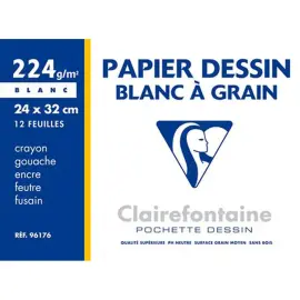 Papier dessin a grain 224g 24x32cm pochette 12f - Clairefontaine photo du produit