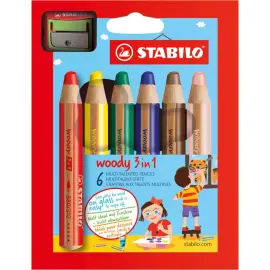 Etui de 6 crayons multi - talents woody 3 in 1 + taille - crayon - Stabilo photo du produit