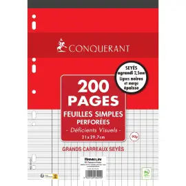 200 Feuilles simples perfor&eacute;es d&eacute;ficients visuels 21 x 29,7 Conqu&eacute;rant photo du produit
