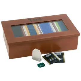 Bo&icirc;te &agrave; th&eacute; et infusion, en bois, 4 cases, brun clair - Aps photo du produit