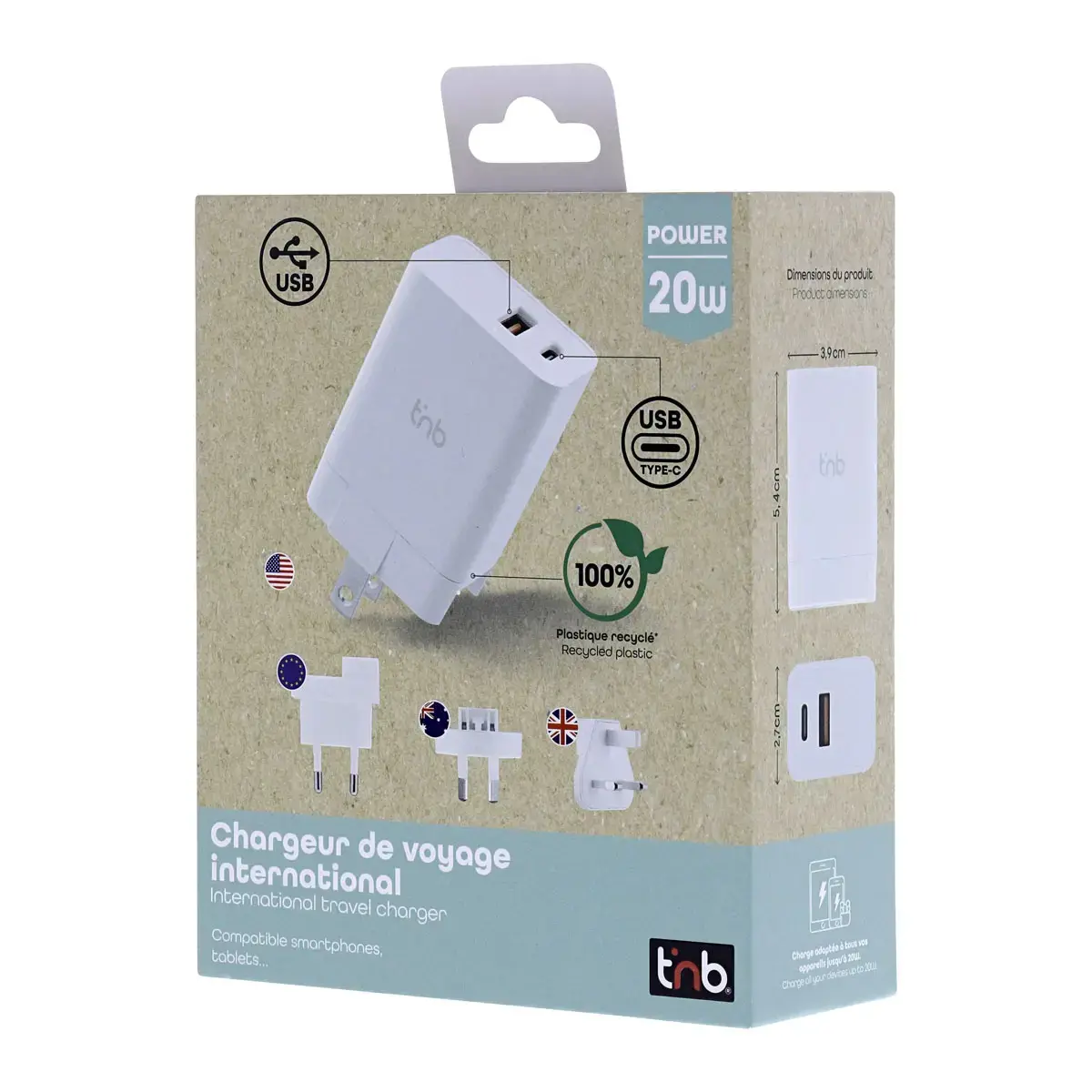Chargeur secteur USB international 20W photo du produit
