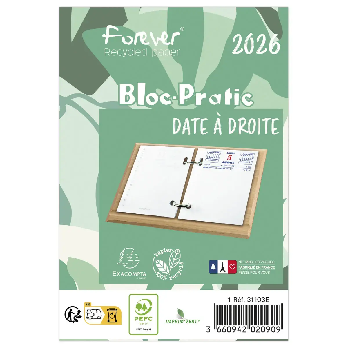 Bloc-éphéméride recyclé date à droite - 8,2 x 12 cm - Janv/Déc - EXACOMPTA photo du produit